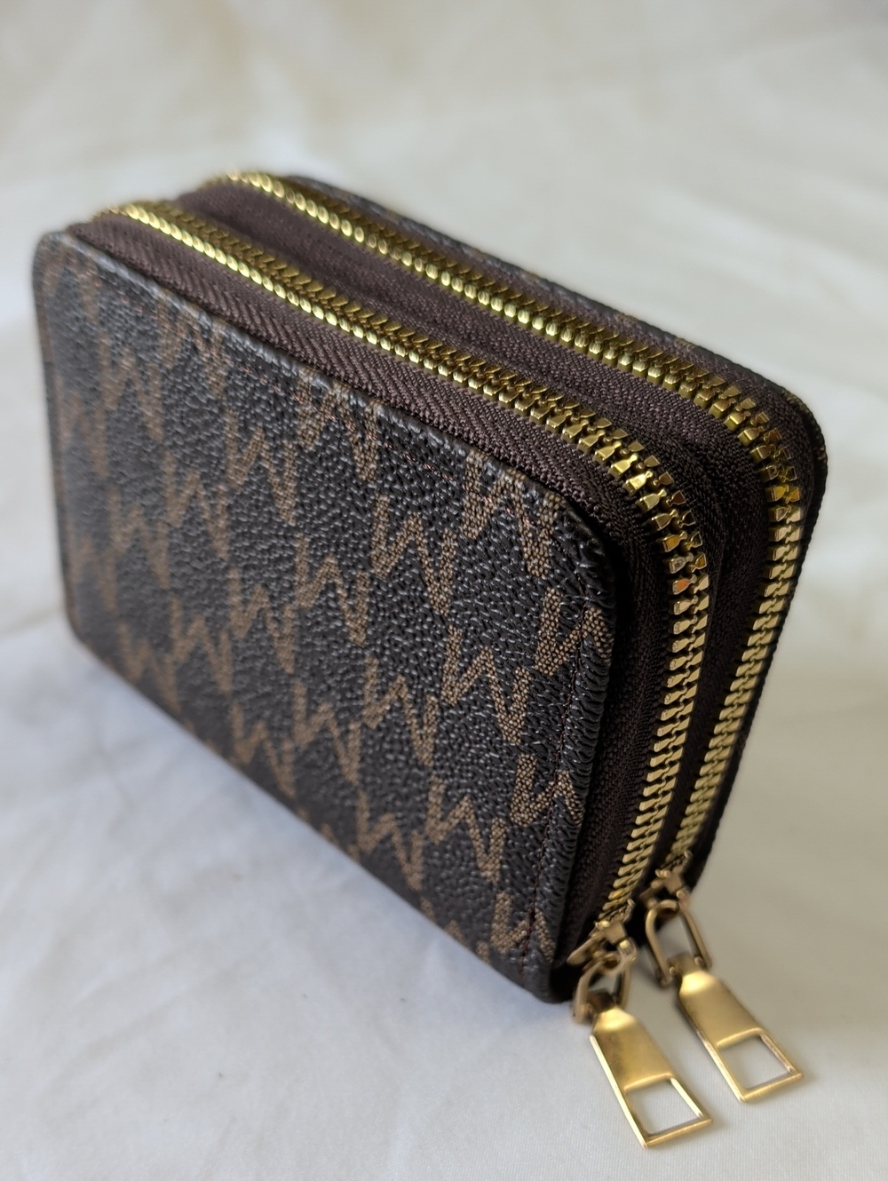 NWOT Brown Monogram "M"  Double Zip Accordion Card Wallet